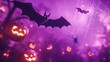 © Last - Halloween scene with bats, pumpkins, spider and web in purple night.