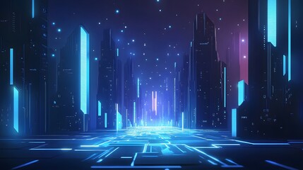 Wall Mural - Futuristic Cityscape Neon Lights Illuminated Street