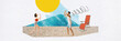 © master1305 - Young couple, man and woman enjoying cheerful time on the beach, playing volleyball on sunny backdrop and ocean wave. Contemporary art collage. Concept of vacation, travel, tourism, creativity. Banner