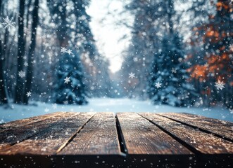 Serene Winter Landscape with Snowfall and Wooden Table in Foreground Capturing the Beauty of Nature during the Magical Season of Snowy Days