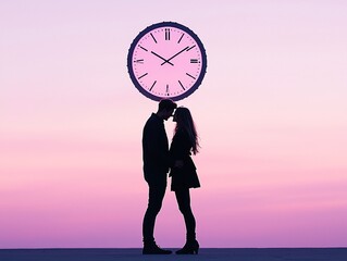 Wall Mural - A sunrise scene with a silhouette of a couple and a large clock in the background, symbolizing a new beginning in love