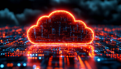 A cloud of data is displayed in a cityscape. The cloud is red and orange, and it is surrounded by a blue and purple background. Concept of technology and innovation