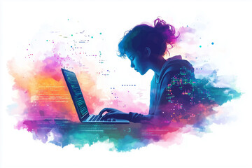 Illustration of programming concept consist of API, command line, syntax and a figure of programmer with his laptop. Soft colors of green, blue, violet, purple, pink, orange and shades between them.