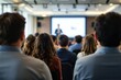 © PlanetOfVectors - People seated in a conference room, focusing on the audience's backs, with a blurred figure presenting on stage. Indoor setting, education concept. Ai generative