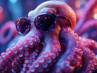 A whimsical octopus wearing sunglasses poses confidently under vibrant studio lights, creating a playful and colorful scene.