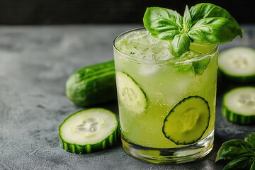 Wall Mural - Herbal mixology enhances cocktail flavors. Refreshing cucumber cocktail with basil garnish.