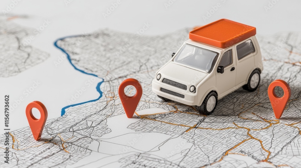 Exploring navigation routes with a mini car model on a city map urban ...