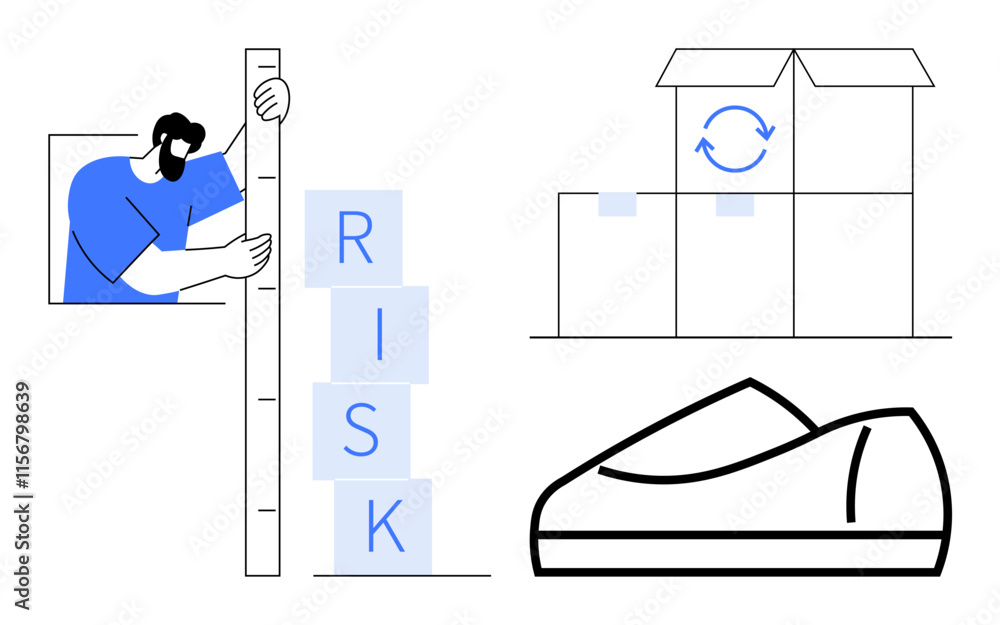 Businessman measuring stack of risk blocks, sealed box with recycling ...