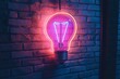 © Ace64 Studio - Neon sign of a glowing light bulb symbolizing ideas and knowledge in trivia games with copy space