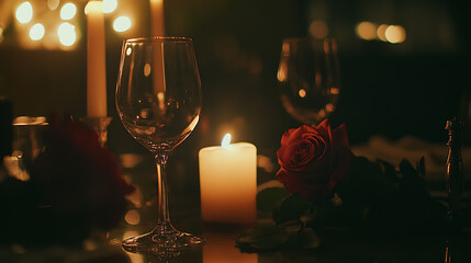 A romantic dinner table setting with a glowing candle, two wine glasses, and roses artfully placed in the foreground. 