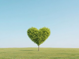 Wall Mural - Heart-Shaped Green Tree Under Clear Blue Sky in Open Meadow