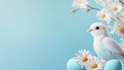 In a serene Easter scene, a lovely white bird perches among blooming daisies and colorful eggs, embodying feelings of renewal, joy, and celebration in nature during this festive time