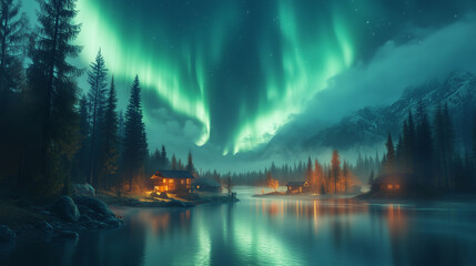 Wall Mural - Aurora borealis on Northern Europe. Green and blue northern lights above mountains and lake night landscape