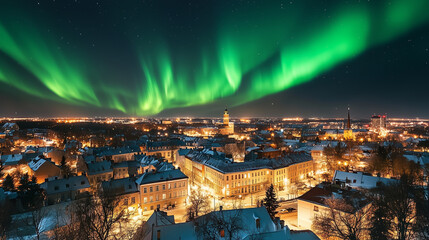 Wall Mural - Aurora borealis on Northern Europe. Green and blue northern lights above mountains and lake night landscape