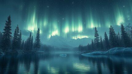 Wall Mural - Aurora borealis on Northern Europe. Green and blue northern lights above mountains and lake night landscape