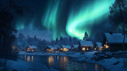 Wall Mural - Aurora borealis on Northern Europe. Green and blue northern lights above mountains and lake night landscape