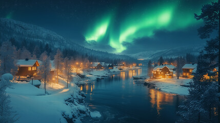 aurora borealis on northern europe. green and blue northern lights above mountains and lake night la