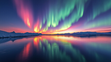 Wall Mural - Aurora borealis on Northern Europe. Green and blue northern lights above mountains and lake night landscape
