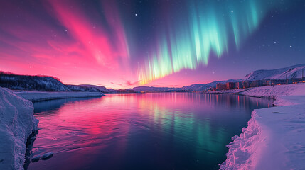 Wall Mural - Aurora borealis on Northern Europe. Green and blue northern lights above mountains and lake night landscape