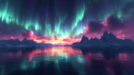 Wall Mural - Aurora borealis on Northern Europe. Green and blue northern lights above mountains and lake night landscape