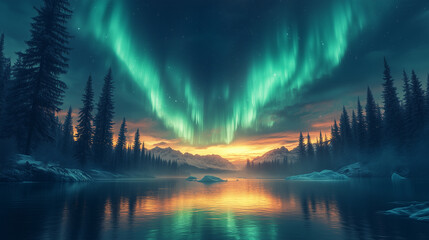 Wall Mural - Aurora borealis on Northern Europe. Green and blue northern lights above mountains and lake night landscape