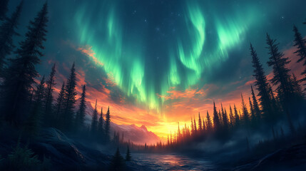 Wall Mural - Aurora borealis on Northern Europe. Green and blue northern lights above mountains and lake night landscape