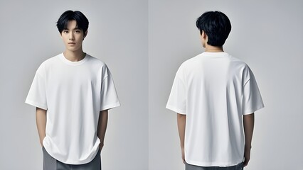 Young man in blank oversize t-shirt mockup front and back used as design template, isolated on white background with clipping path.