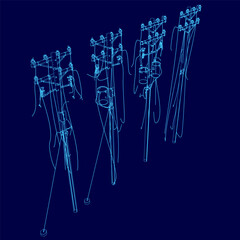 Wall Mural - Blue image of four power lines. The lines are drawn in a stylized way, giving the impression of a 3D model. Concept of technology and modernity, as well as a feeling of power