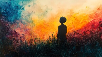 Wall Mural - Sunset Silhouette: A Child's Peaceful Contemplation