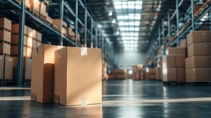 Poster - A spacious warehouse filled with neatly stacked cardboard boxes, showcasing an organized environment and efficient storage solutions.