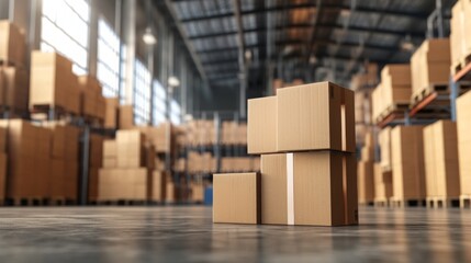 Poster - A spacious warehouse filled with stacked cardboard boxes, showcasing an organized logistics environment.