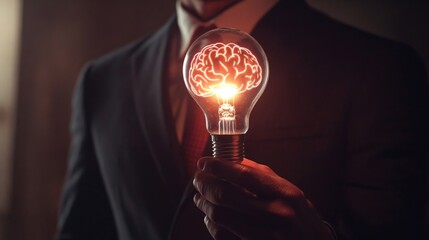 Aufkleber - A businessman holds a light bulb shaped like a brain, symbolizing innovative ideas and intelligence in a professional setting.