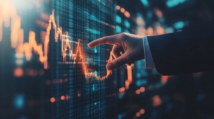 Leinwandbilder - A hand points at a digital financial graph displaying upward and downward trends, symbolizing data analysis and market movement.