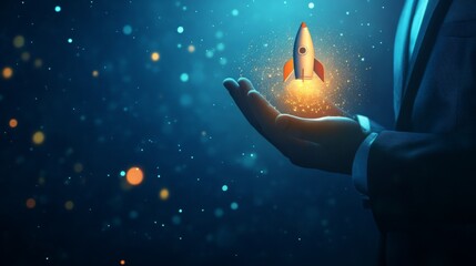 Leinwandbilder - A hand holds a glowing miniature rocket, symbolizing innovation, potential, and the launch of new ideas in a dark, starry background.
