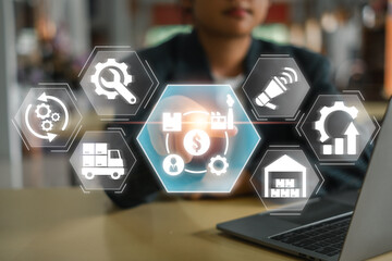 Wall Mural - visual depiction of the value chain concept with icons representing various business processes and a