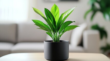 Canvas Print - Potted plant sits on a table in a living room. The plant is green and he is a small palm tree. The room is furnished with a couch and a chair, and there are two potted plants in the room