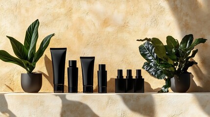 Wall Mural - Shelved Beauty Products with Leafy Plants in Minimal Interior