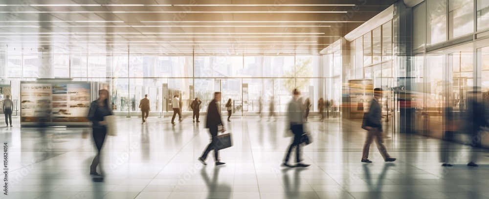 Long exposure shot of crowd of business people walking in bright office ...