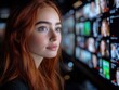 © Sergey - A woman with long red hair gazes thoughtfully at multiple screens displaying dynamic content, suggesting a technology-focused environment.