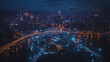 © Teeraphon - Smart digital Innovation city with connection network reciprocity over the cityscape. of future smart wireless city and social media networking systems that connects business people with in city