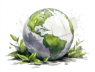 Wall Mural - A watercolor painting of Earth with lush green continents and surrounding foliage. The artwork has a hand-drawn, cinematic style with a serene, natural feel.