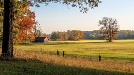 Wall Mural - Autumn Barn in the Countryside: A Peaceful Landscape