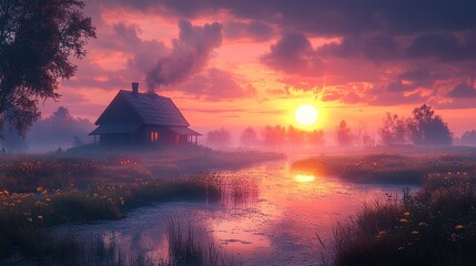 Wall Mural - Sunset Landscape: Cabin by the River