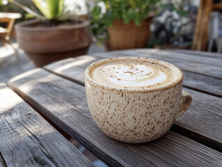 Wall Mural - cup of coffee on wooden table