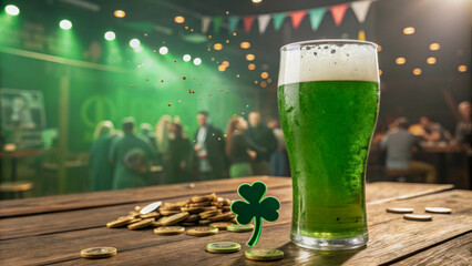 On a wooden table there is a glass of green beer and golden coins. In the background there is a pub with a group of people dressed in green, which creates a festive atmosphere.