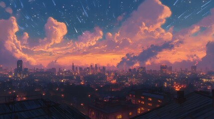 Wall Mural - Cityscape at Sunset with Shooting Stars Across a Cloudy Sky