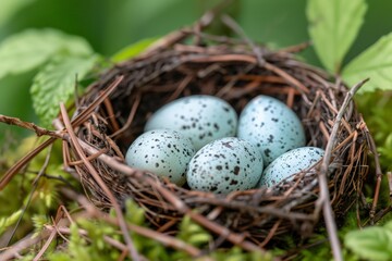 A close-up of a nest containing speckled eggs, surrounded by fresh green foliage, symbolizing new life.