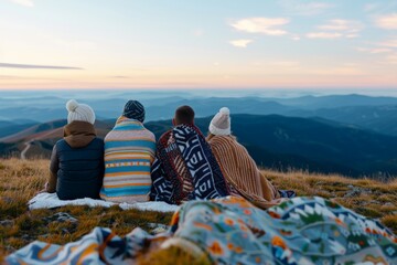 Wall Mural - Three friends sit wrapped in cozy blankets, enjoying a scenic view of rolling hills under the soft evening light.