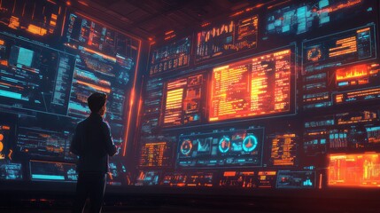 Person observing futuristic data visualizations on large screens.