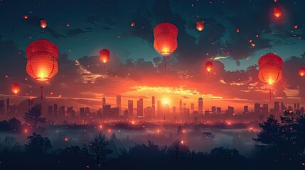 Sticker - flat design, illustration, The Festival of Lights: Celebrating with glowing lanterns